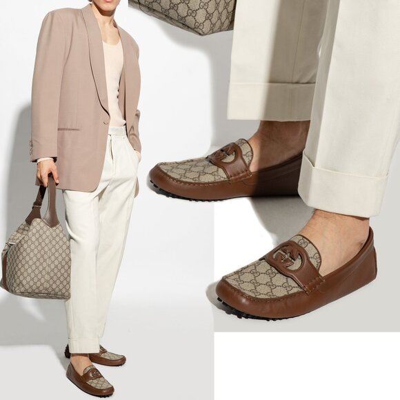 GUCCI SHOES G LOGO SUPREME BROWN LEATHER LOAFERS MOCCASINS - Picture 2 of 15